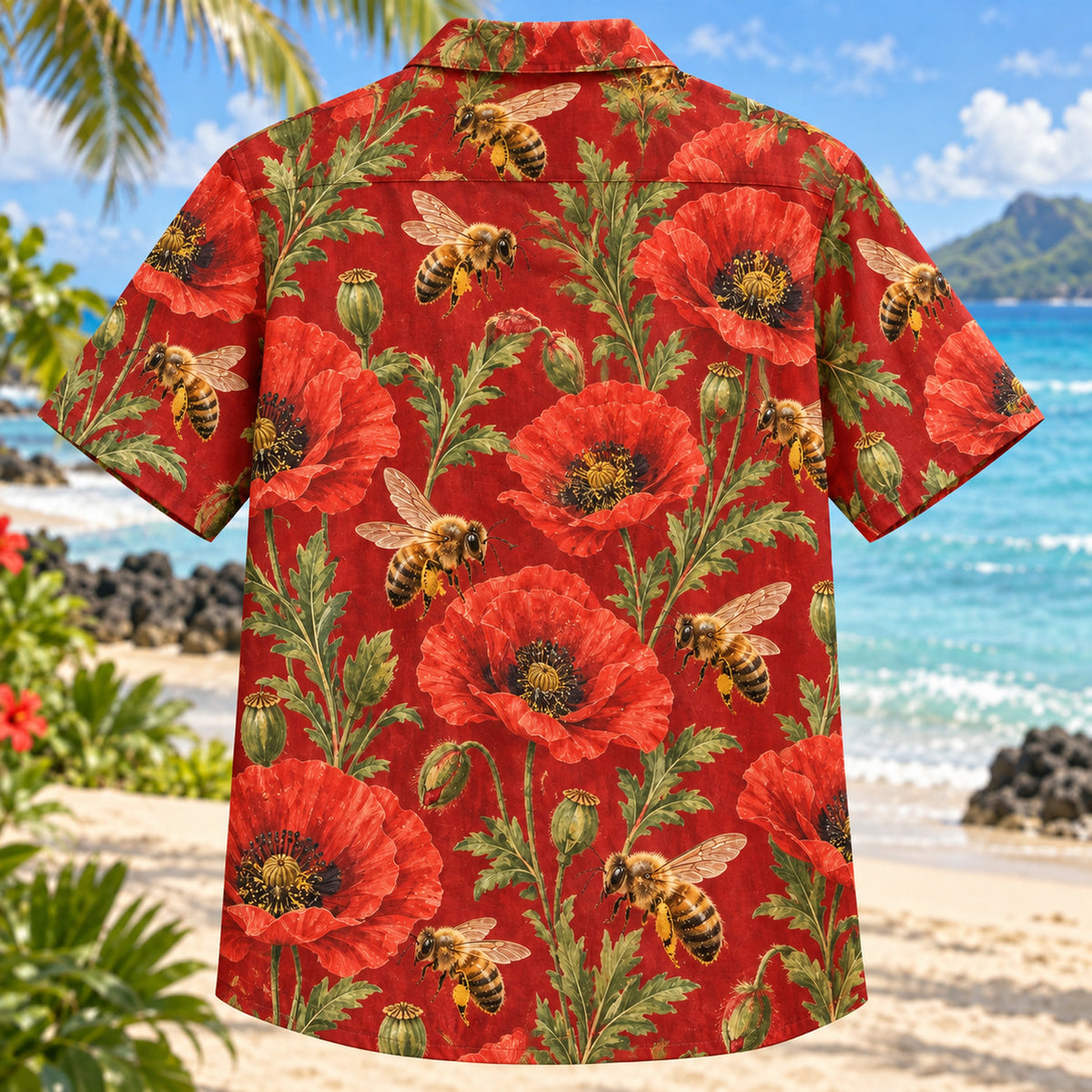 Back view of Bee Poppy Field Beekeeper Hawaiian Shirt with matching artwork in red, gold, green