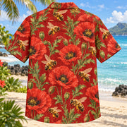 Back view of Bee Poppy Field Beekeeper Hawaiian Shirt with matching artwork in red, gold, green