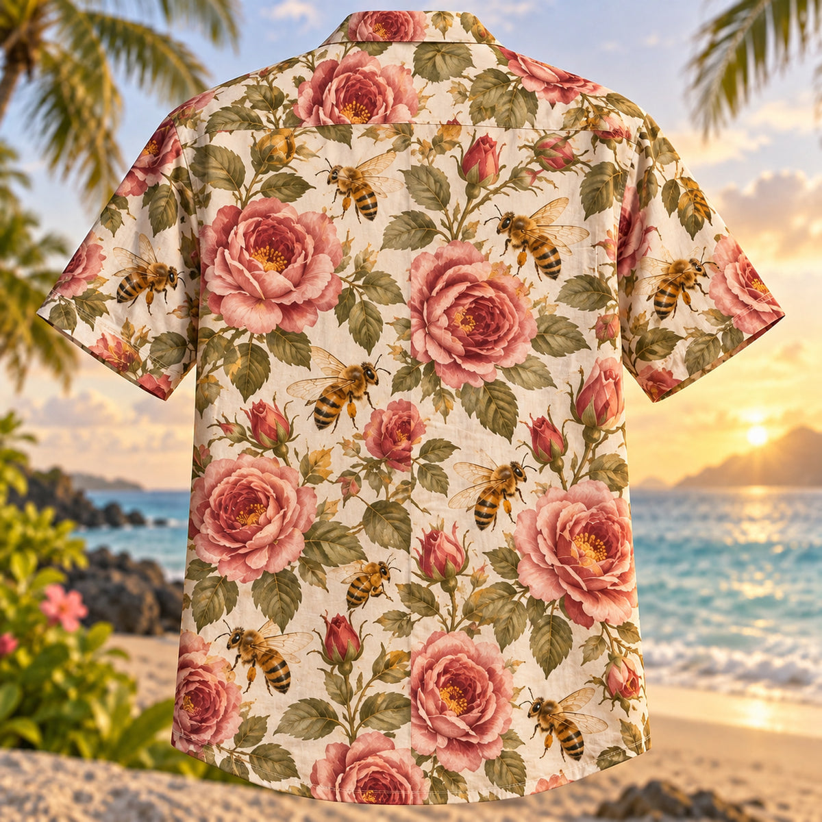 Back view of Bee Rose Bloom Beekeeper Hawaiian Shirt with matching artwork in rose, gold, olive