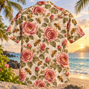 Back view of Bee Rose Bloom Beekeeper Hawaiian Shirt with matching artwork in rose, gold, olive