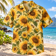 Front view of Bee Sunflower Beekeeper Hawaiian Shirt with honeybees among sunflowers
