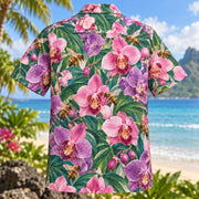 Back view of Bee Tropical Orchid Beekeeper Hawaiian Shirt with matching artwork in pink, purple, jade