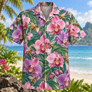 Front view of Bee Tropical Orchid Beekeeper Hawaiian Shirt with honeybees among tropical orchids
