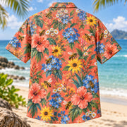 Back view of Bee Wildflower Meadow Beekeeper Hawaiian Shirt with matching artwork in coral, blue, yellow