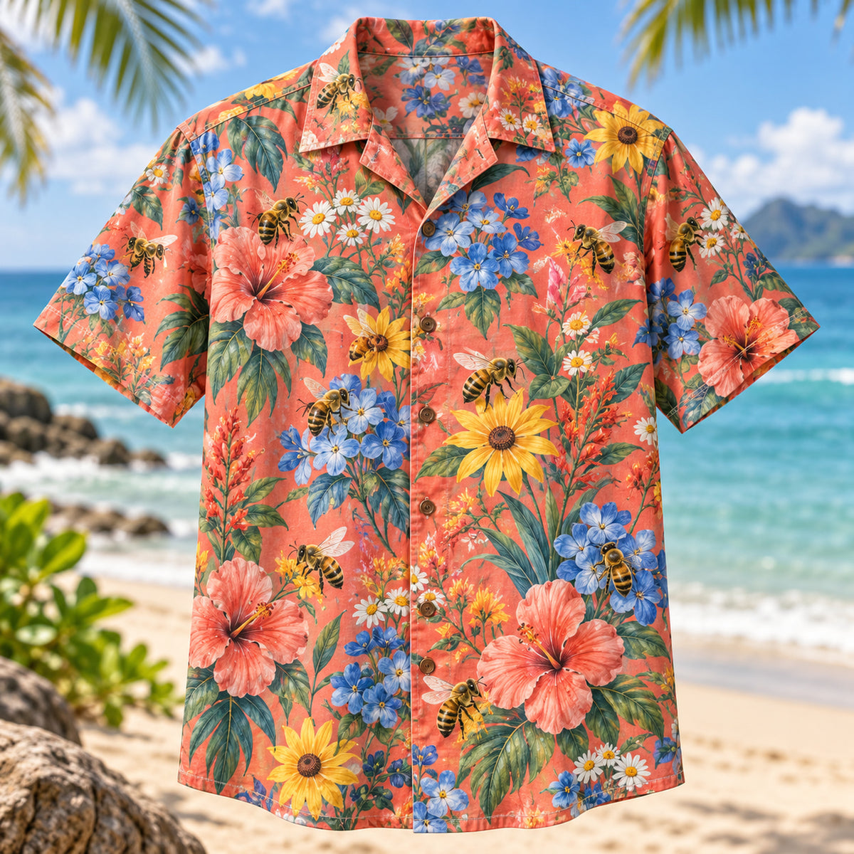 Front view of Bee Wildflower Meadow Beekeeper Hawaiian Shirt with honeybees visiting varied wildflowers