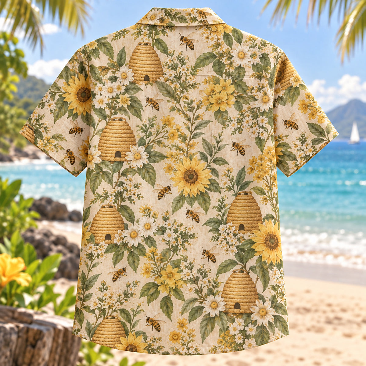Back view of Beehive Garden Beekeeper Hawaiian Shirt with matching artwork in tan, yellow, sage