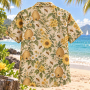 Back view of Beehive Garden Beekeeper Hawaiian Shirt with matching artwork in tan, yellow, sage