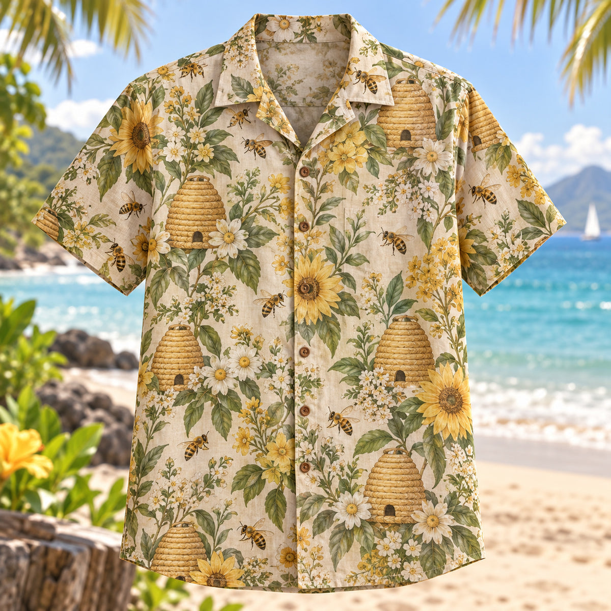 Front view of Beehive Garden Beekeeper Hawaiian Shirt with traditional beehive forms among garden flowers and bees