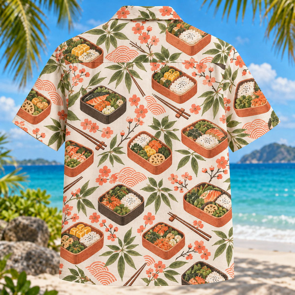 Back view of Bento Botanical Japanese Food Hawaiian Shirt with matching artwork in coral, olive, ivory