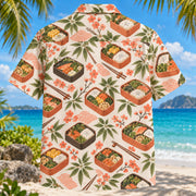 Back view of Bento Botanical Japanese Food Hawaiian Shirt with matching artwork in coral, olive, ivory