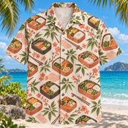 Front view of Bento Botanical Japanese Food Hawaiian Shirt with generic unbranded bento boxes with rice and vegetables