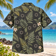 Back view of Benzene Fern Chemistry Hawaiian Shirt with matching artwork in charcoal, sage, cream