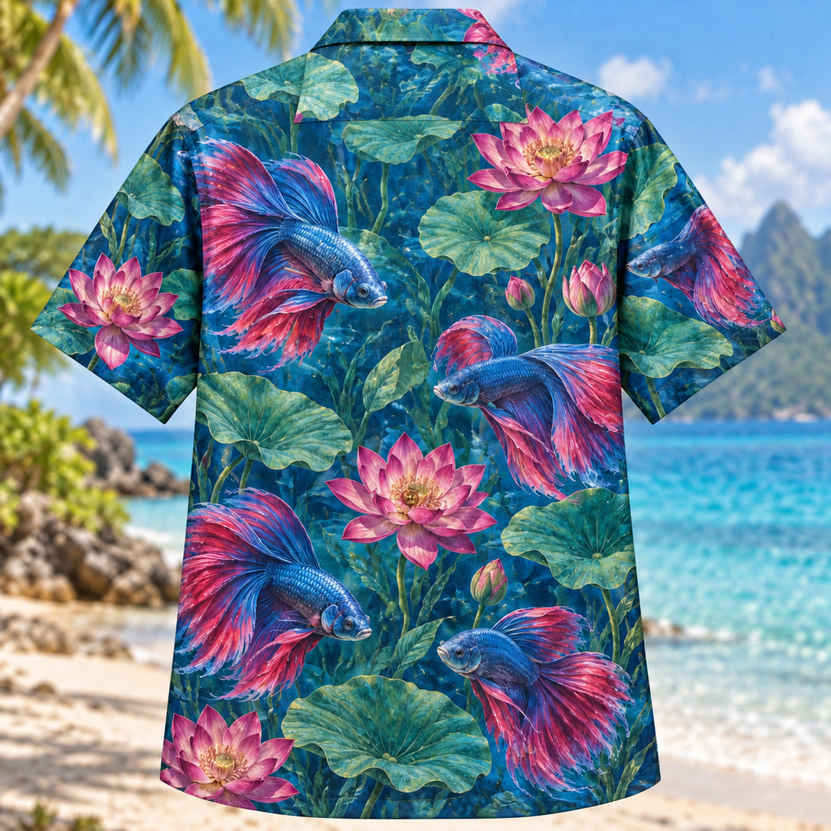 Back view of Betta Lotus Freshwater Aquarium Hawaiian Shirt with matching artwork in blue, magenta, jade