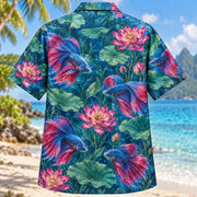 Back view of Betta Lotus Freshwater Aquarium Hawaiian Shirt with matching artwork in blue, magenta, jade