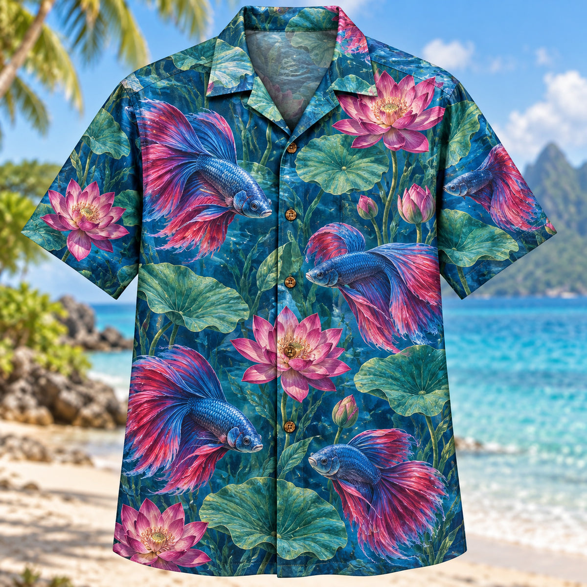 Front view of Betta Lotus Freshwater Aquarium Hawaiian Shirt with flowing betta fish among lotus and aquatic leaves