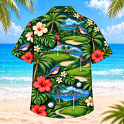 Back view of Birdie Garden Golf Hawaiian Shirt showing original small songbirds near golf greens, hibiscus, golf balls, flags
