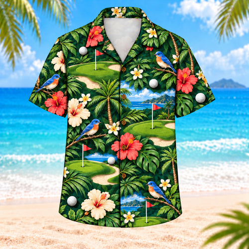 Front view of Birdie Garden Golf Hawaiian Shirt showing original small songbirds near golf greens, hibiscus, golf balls, flags