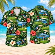 Birdie Garden Golf Hawaiian Shirt, front and back views on a beach background with original small songbirds near golf greens, hibiscus, golf balls, flags