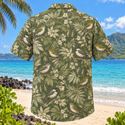 Back view of Birding Binoculars Hawaiian Shirt with matching bird artwork in moss green, ivory, brown