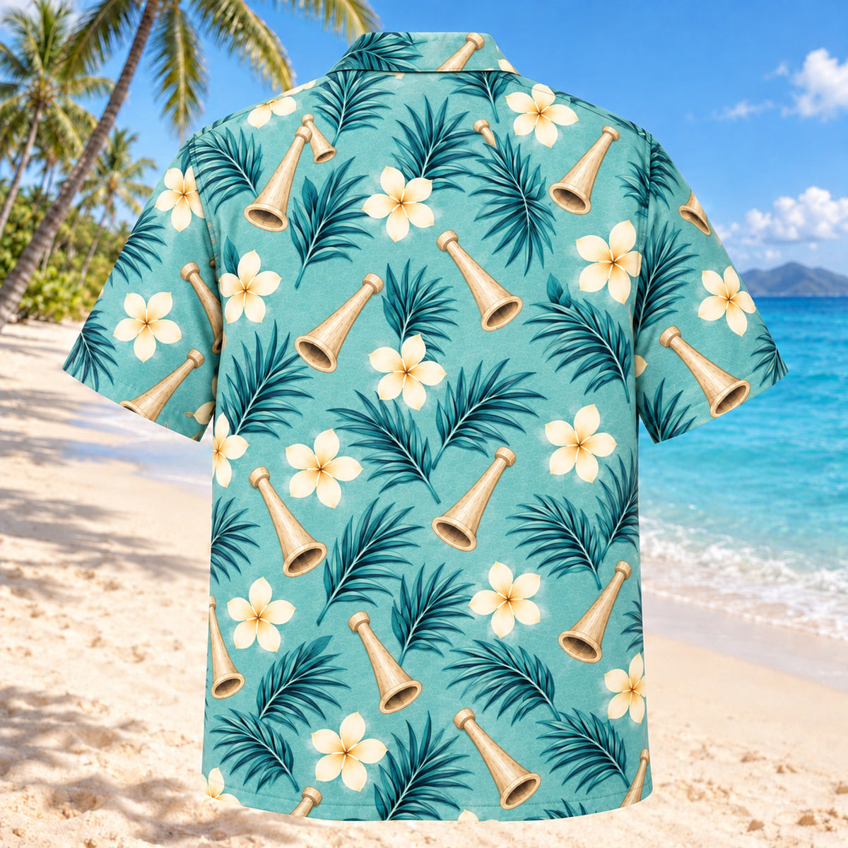 Back view of Birth Coast Aqua Sand Midwife Hawaiian Shirt on a Hawaiian beach with fine white or light yellow sand and no dark rocks
