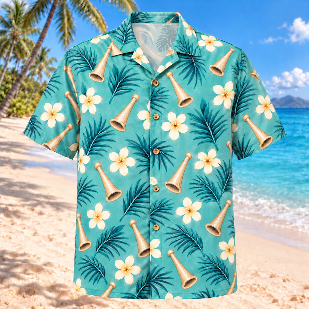 Front view of Birth Coast Aqua Sand Midwife Hawaiian Shirt on a Hawaiian beach with fine white or light yellow sand and no dark rocks