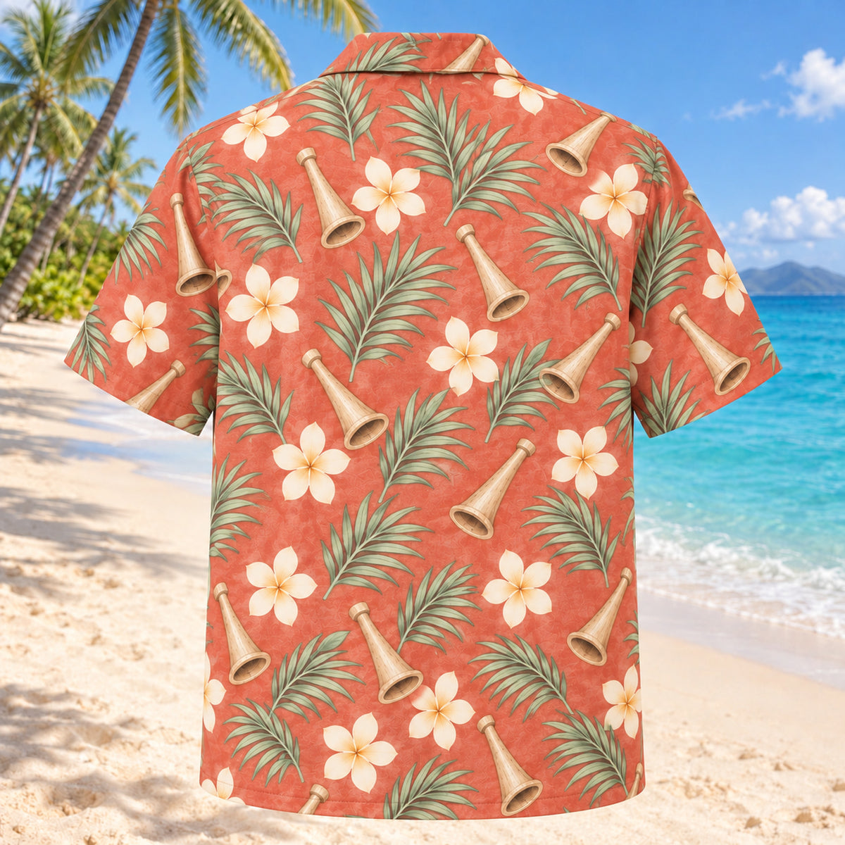 Back view of Birth Coast Coral Sage Midwife Hawaiian Shirt with matching artwork in soft coral, sage, cream