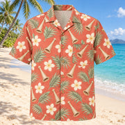 Front view of Birth Coast Coral Sage Midwife Hawaiian Shirt with original generic fetal stethoscope silhouettes, palm leaves and plumeria without baby imagery