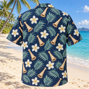 Back view of Birth Coast Navy Cream Midwife Hawaiian Shirt with matching artwork in navy, warm ivory, pale seafoam
