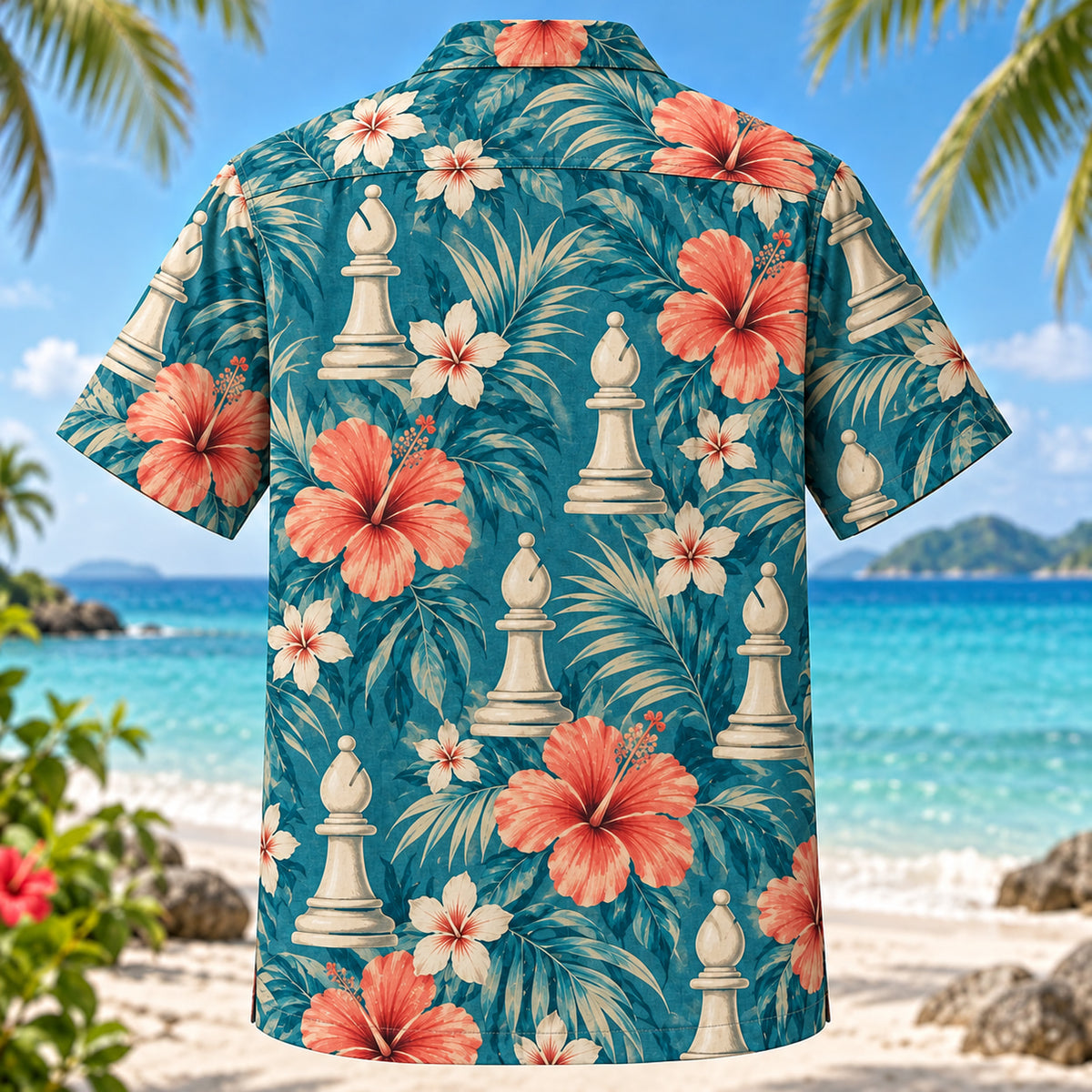 Back view of Bishop Hibiscus Chess Hawaiian Shirt with matching artwork in teal, coral, ivory