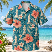 Front view of Bishop Hibiscus Chess Hawaiian Shirt with generic bishop pieces among hibiscus