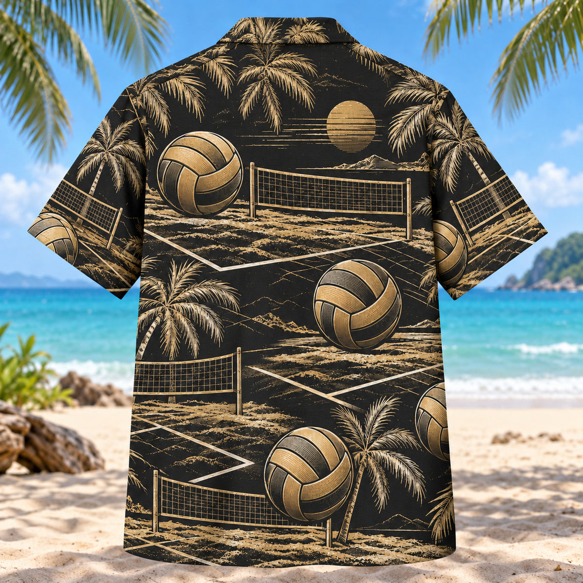 Back view of Black Gold Beach Volleyball Hawaiian Shirt with matching beach volleyball artwork in black, antique gold, ivory
