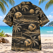 Back view of Black Gold Beach Volleyball Hawaiian Shirt with matching beach volleyball artwork in black, antique gold, ivory