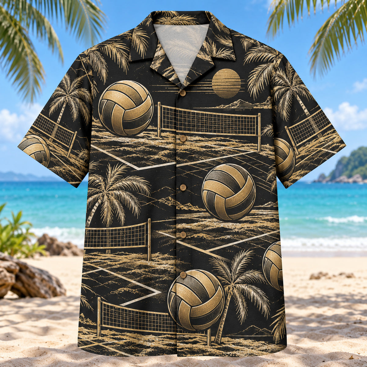 Front view of Black Gold Beach Volleyball Hawaiian Shirt with elegant antique-gold generic paneled volleyballs, beach volleyball nets and sand-court lines with fine line geometry