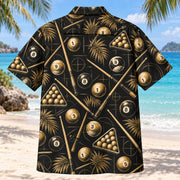 Back view of Black Gold Billiards Hawaiian Shirt with matching billiards artwork in black, antique gold, ivory