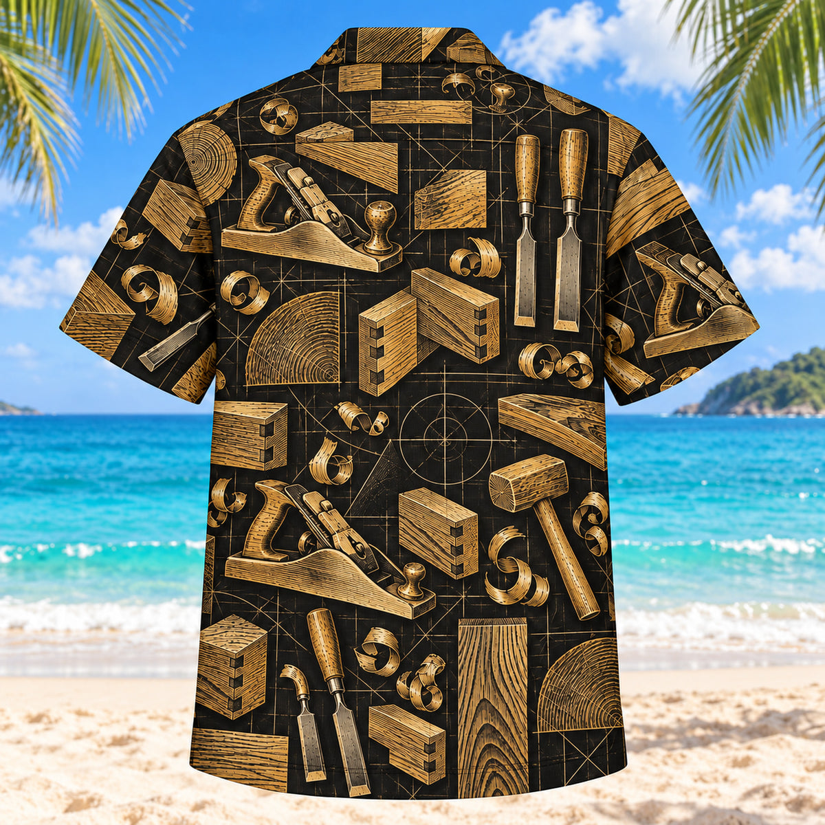 Back view of Black Gold Carpenter Hawaiian Shirt with matching carpenter artwork in black, antique gold, ivory