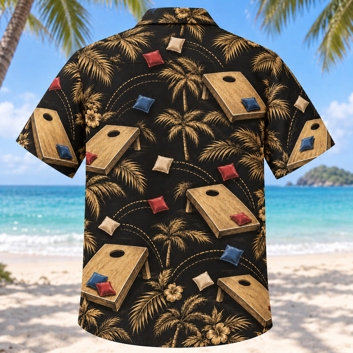 Back view of Black Gold Cornhole Hawaiian Shirt with matching cornhole artwork in black, antique gold, ivory