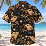Back view of Black Gold Cornhole Hawaiian Shirt with matching cornhole artwork in black, antique gold, ivory