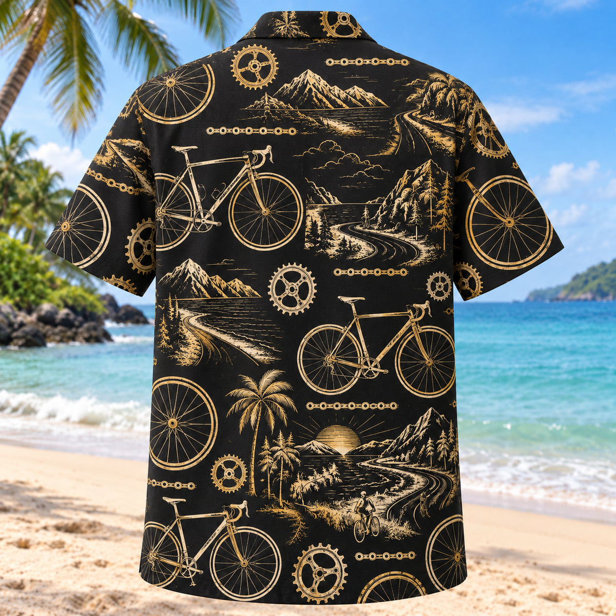 Back view of Black Gold Cycling Hawaiian Shirt with matching cycling artwork in black, antique gold, ivory