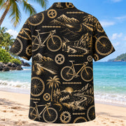 Back view of Black Gold Cycling Hawaiian Shirt with matching cycling artwork in black, antique gold, ivory