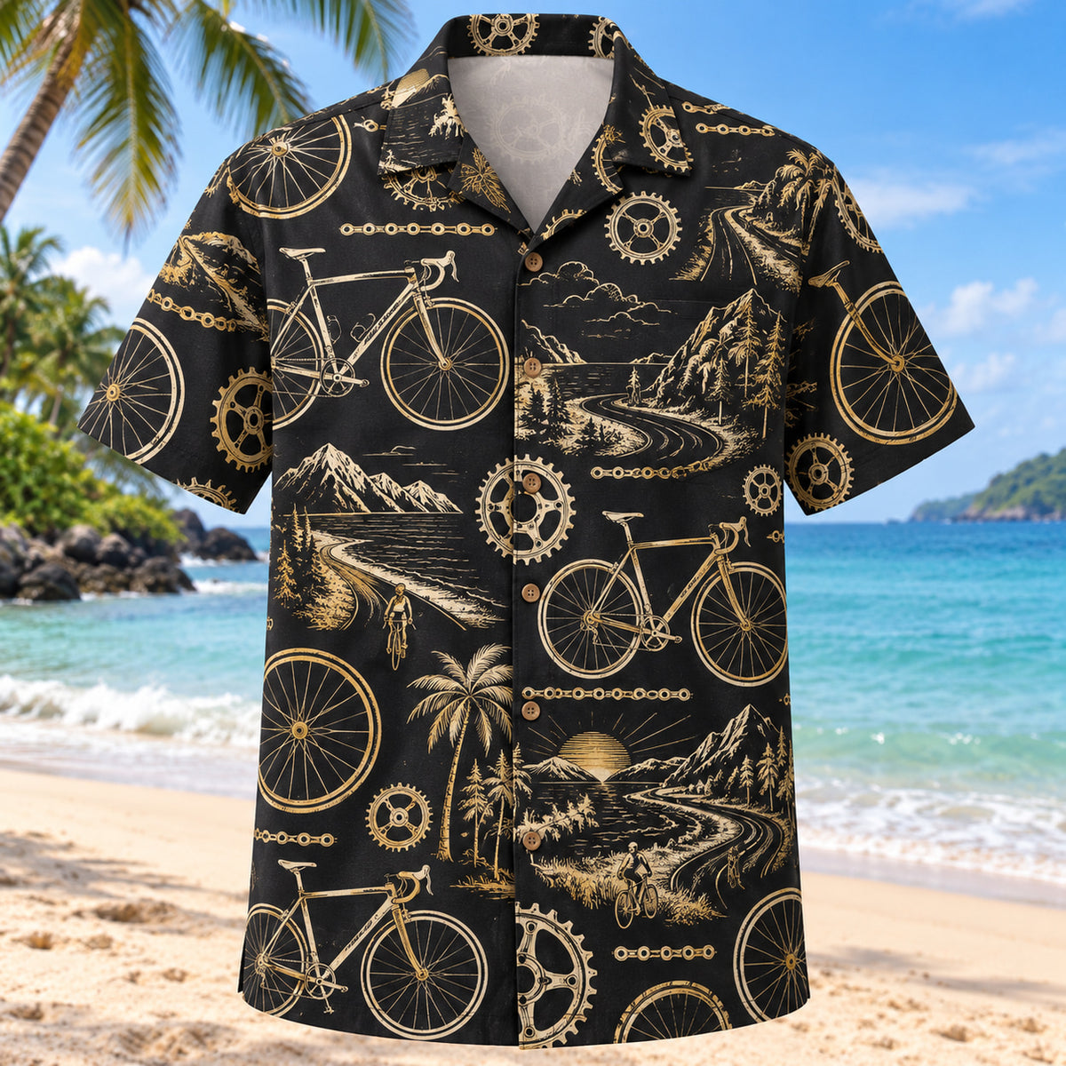 Front view of Black Gold Cycling Hawaiian Shirt with elegant antique-gold generic unbranded bicycles, spinning wheels and simple chainrings with fine line geometry