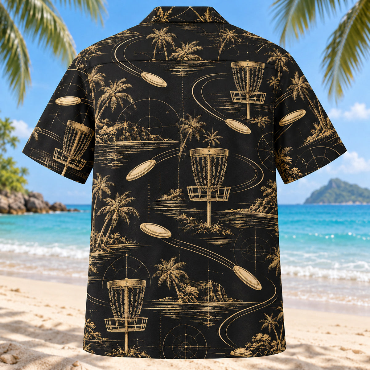 Back view of Black Gold Disc Golf Hawaiian Shirt with matching disc golf artwork in black, antique gold, ivory