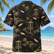 Back view of Black Gold Disc Golf Hawaiian Shirt with matching disc golf artwork in black, antique gold, ivory