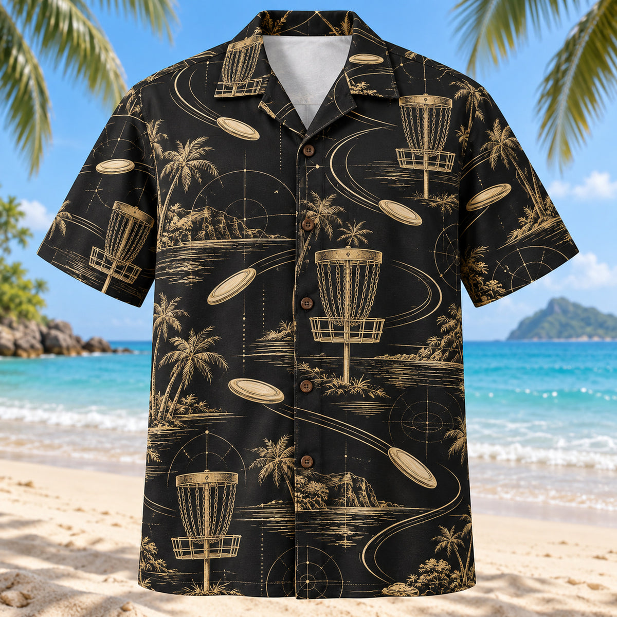 Front view of Black Gold Disc Golf Hawaiian Shirt with elegant antique-gold disc golf chain baskets, plain flying discs and curved flight trails with fine line geometry