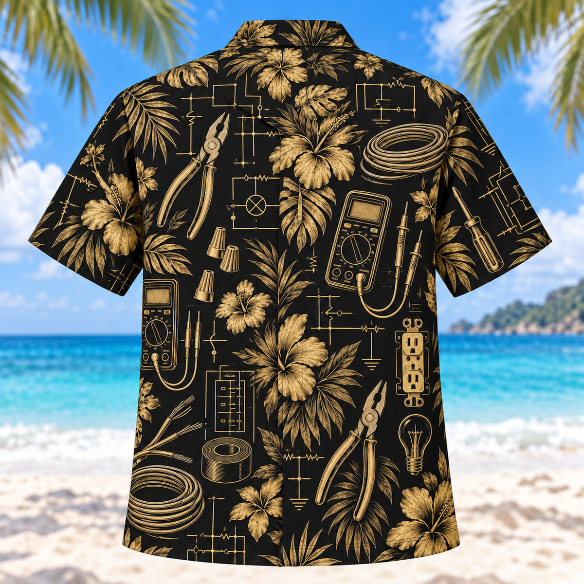 Back view of Black Gold Electrician Hawaiian Shirt with matching electrician artwork in black, antique gold, ivory