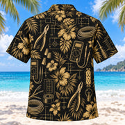 Back view of Black Gold Electrician Hawaiian Shirt with matching electrician artwork in black, antique gold, ivory