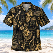Front view of Black Gold Electrician Hawaiian Shirt with elegant antique-gold accurate pliers, wire, multimeters and original electrical diagrams with fine line geometry