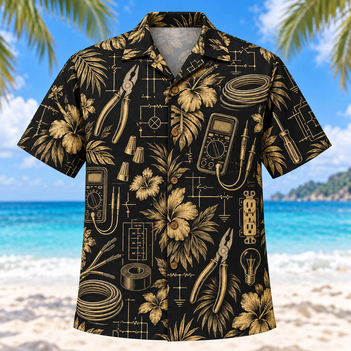 Front view of Black Gold Electrician Hawaiian Shirt with elegant antique-gold accurate pliers, wire, multimeters and original electrical diagrams with fine line geometry