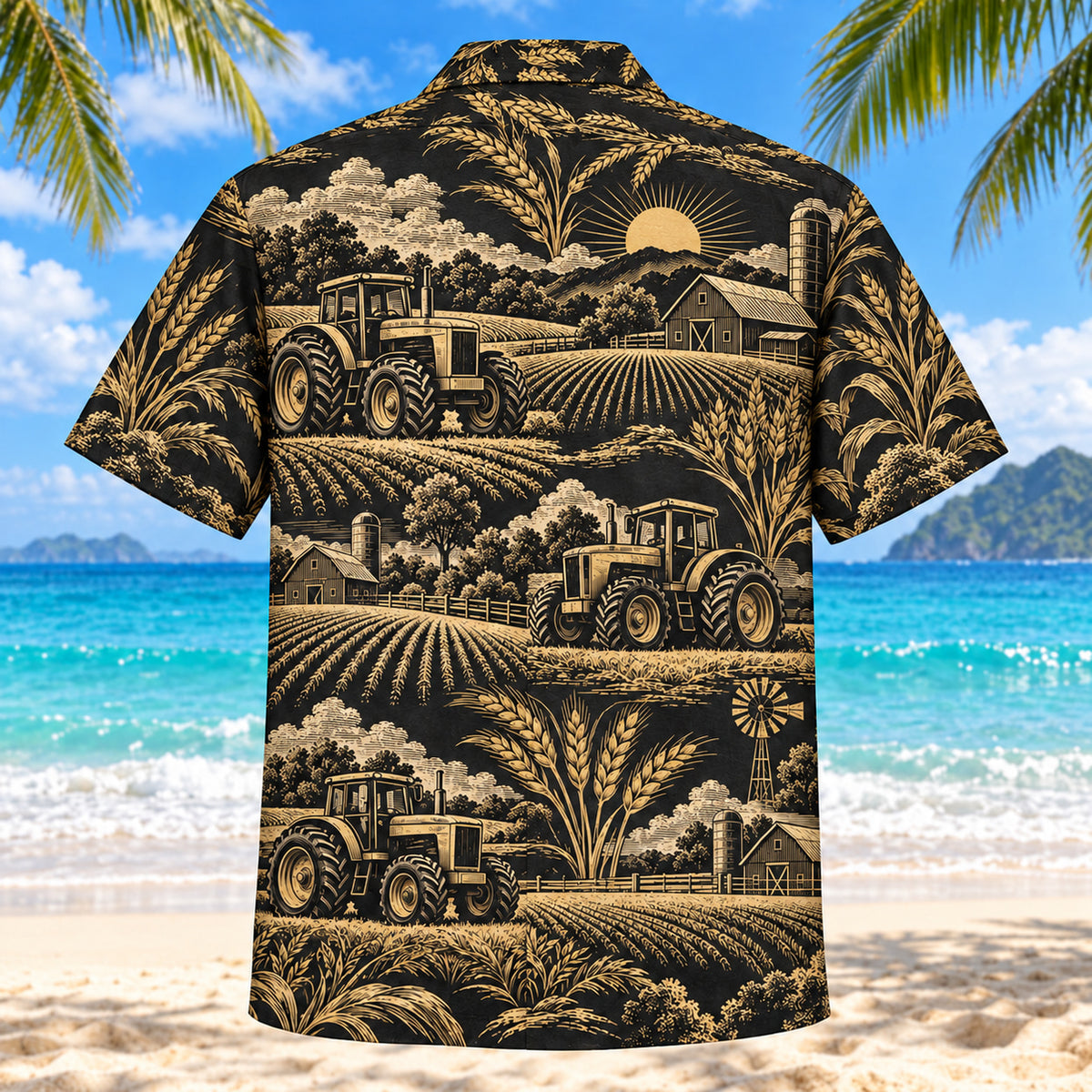 Back view of Black Gold Farmer and Tractor Hawaiian Shirt with matching farmer and tractor artwork in black, antique gold, ivory