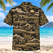 Back view of Black Gold Farmer and Tractor Hawaiian Shirt with matching farmer and tractor artwork in black, antique gold, ivory