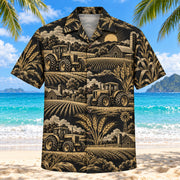 Front view of Black Gold Farmer and Tractor Hawaiian Shirt with elegant antique-gold generic tractors, fields, wheat, barns and crops with fine line geometry